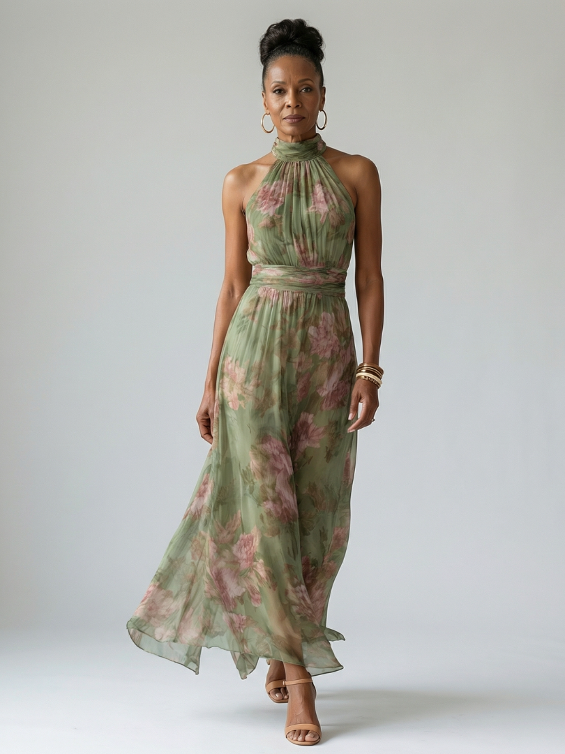 Mirelle Midi Dress | Lightweight Floral, Sleeveless Halter Neckline 4