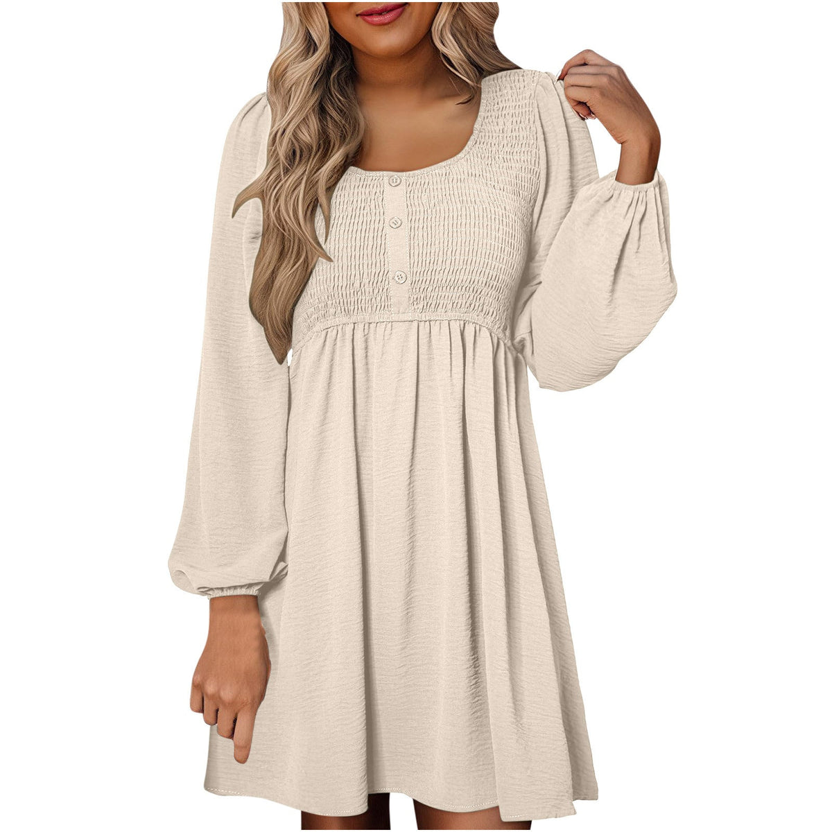 Women's Smocked Mini Dress with Square Neck and Long Sleeves