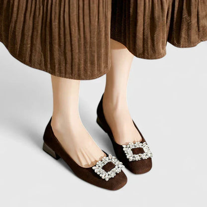 Women's Suede Block Heel Pumps with Crystal Buckle
