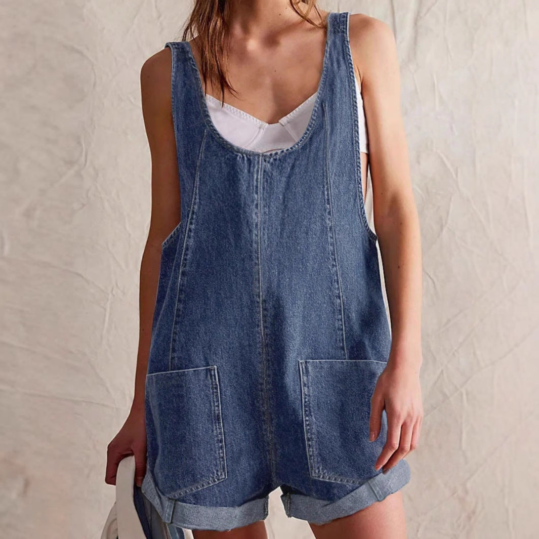 Women's Denim Short Overalls with Patch Pockets
