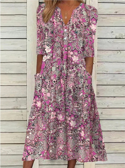 Women's Floral Midi Dress with V Neck and Pockets