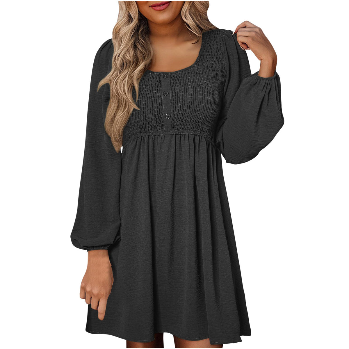Women's Smocked Mini Dress with Square Neck and Long Sleeves