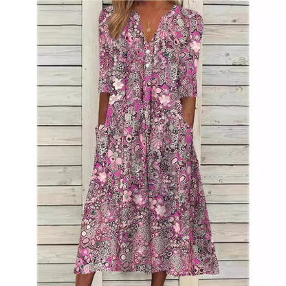Women's Floral Midi Dress with V Neck and Pockets