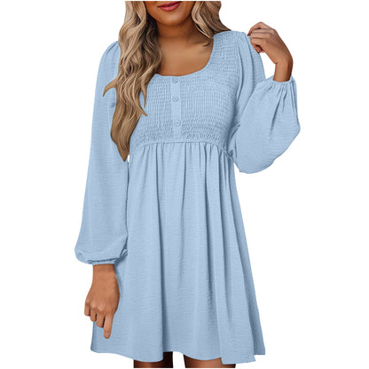 Women's Smocked Mini Dress with Square Neck and Long Sleeves