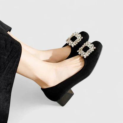 Women's Suede Block Heel Pumps with Crystal Buckle