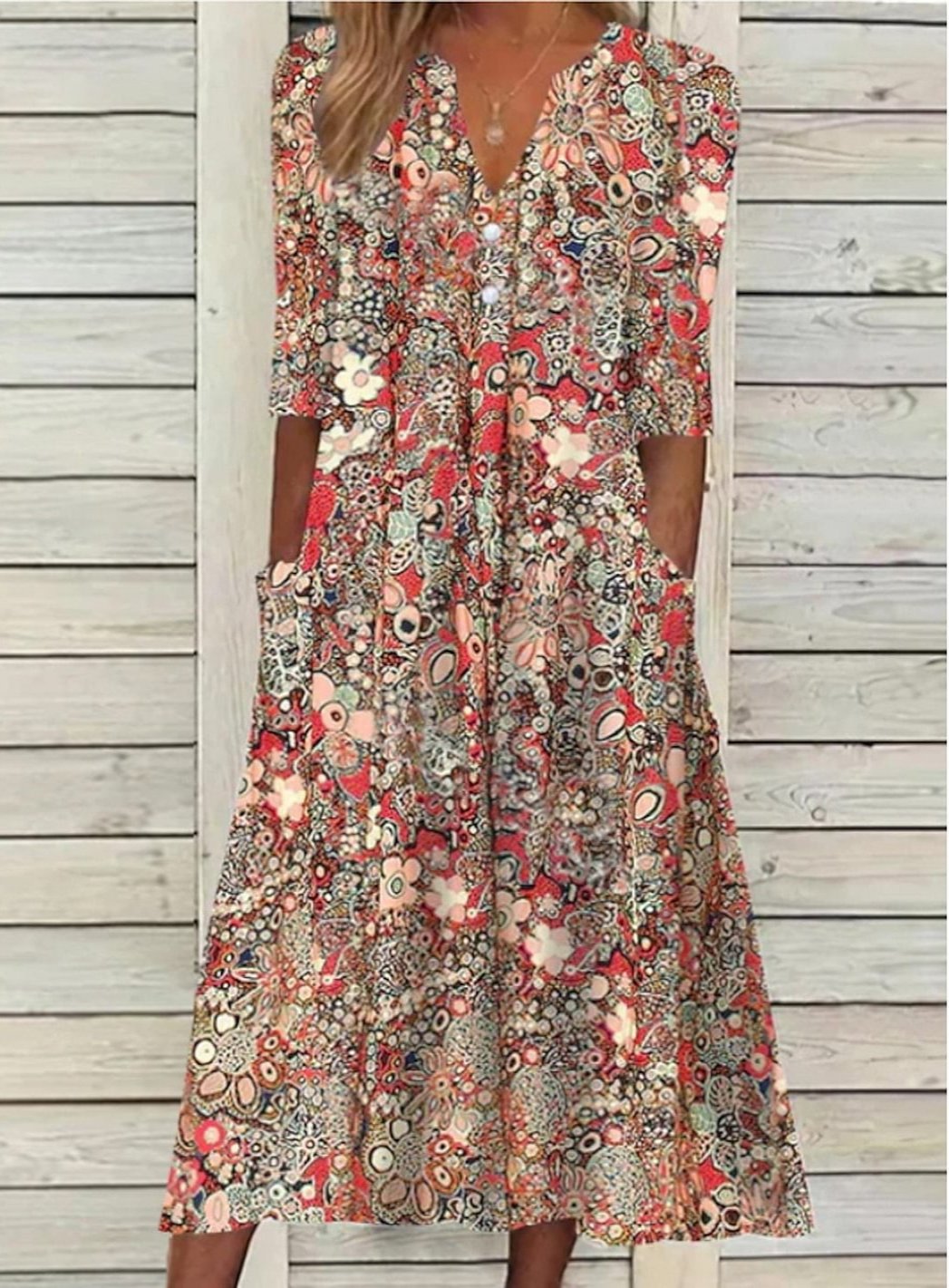 Women's Floral Midi Dress with V Neck and Pockets
