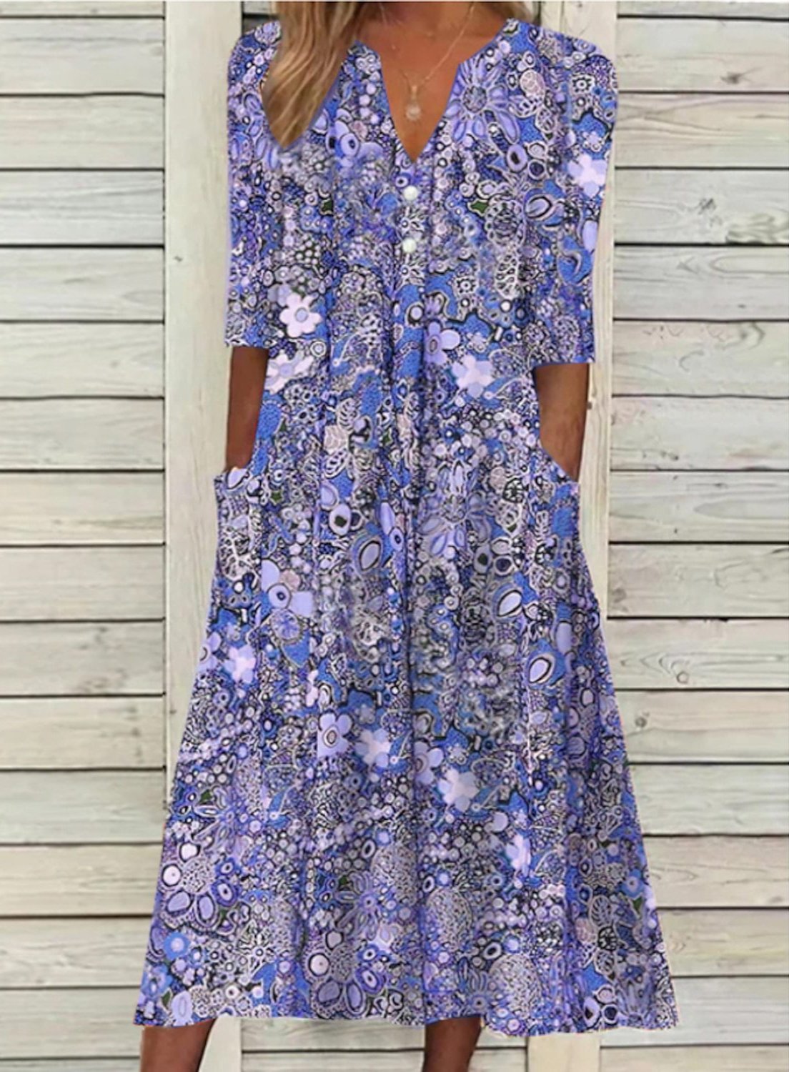 Women's Floral Midi Dress with V Neck and Pockets
