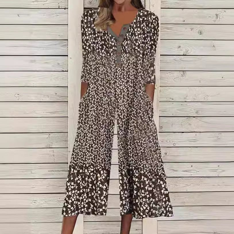 Women's Printed Wide Leg Jumpsuit with V Neck