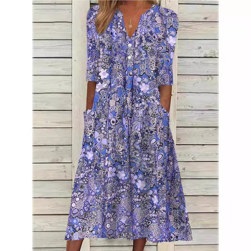 Women's Floral Midi Dress with V Neck and Pockets