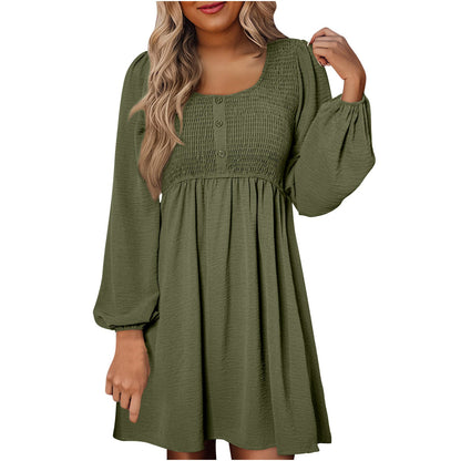Women's Smocked Mini Dress with Square Neck and Long Sleeves