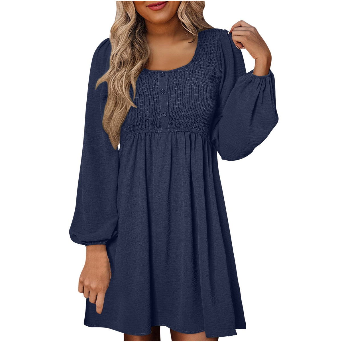 Women's Smocked Mini Dress with Square Neck and Long Sleeves