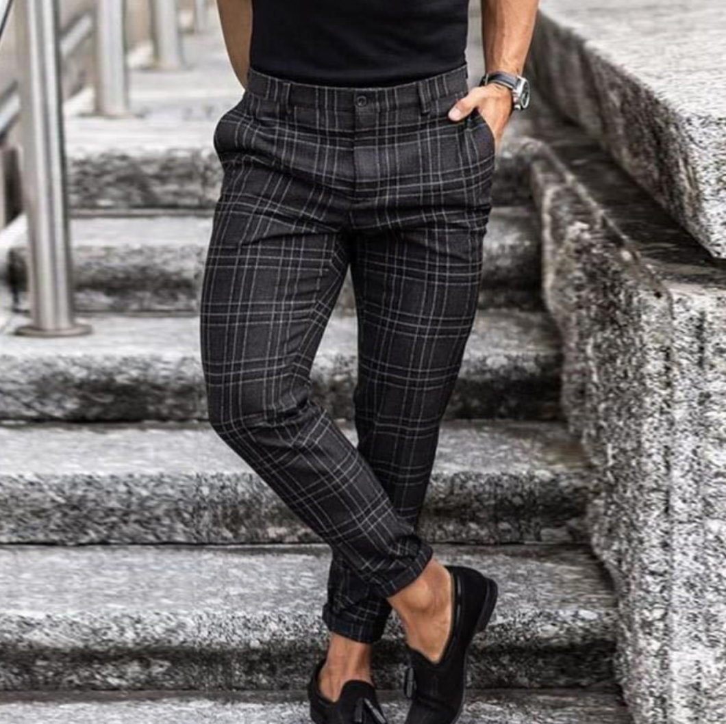 Pantalones chinos elásticos a cuadros para hombre 0