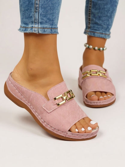 Women's Open Toe Slide Sandals with Gold Detail