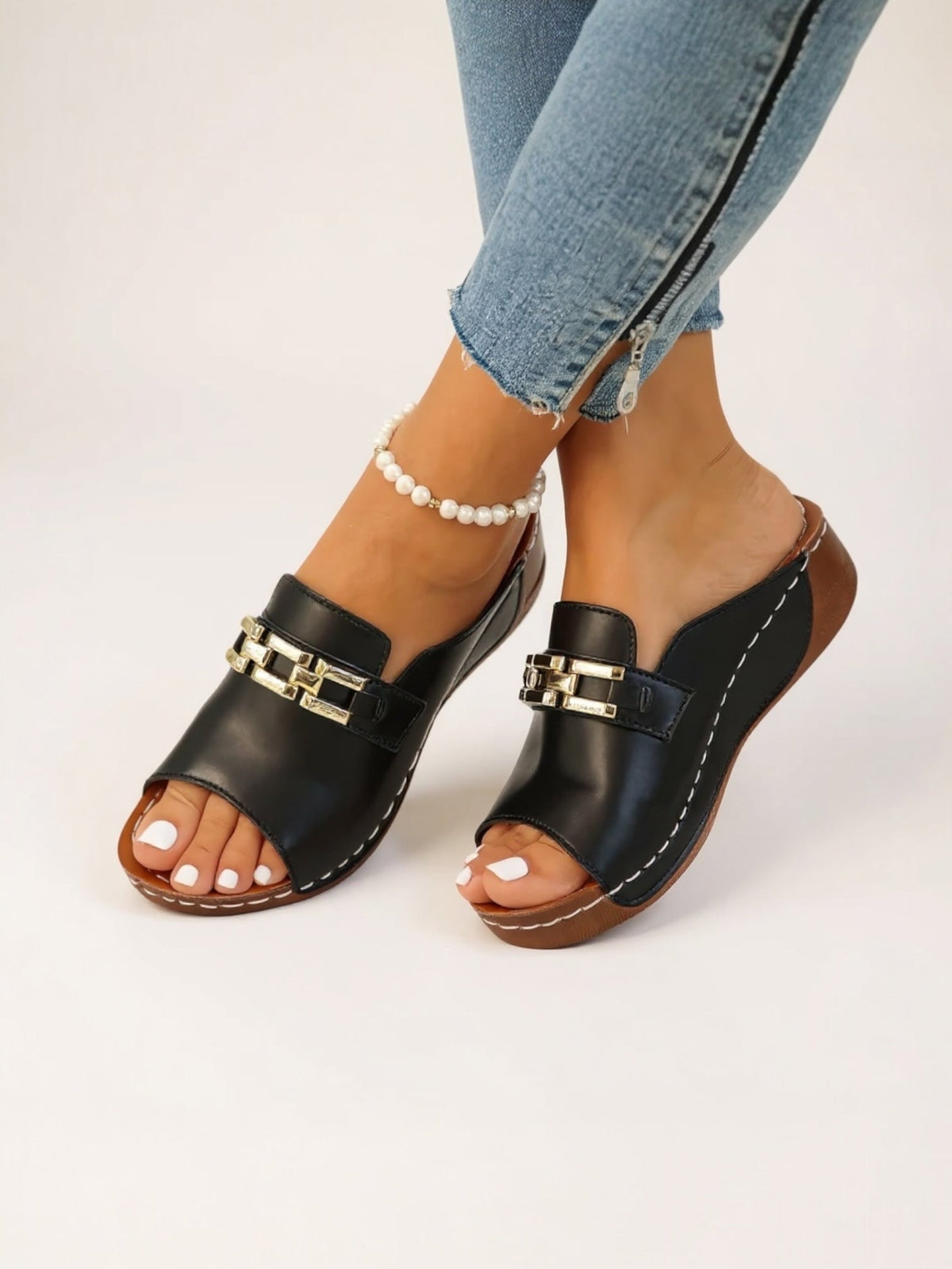 Women's Open Toe Slide Sandals with Gold Detail