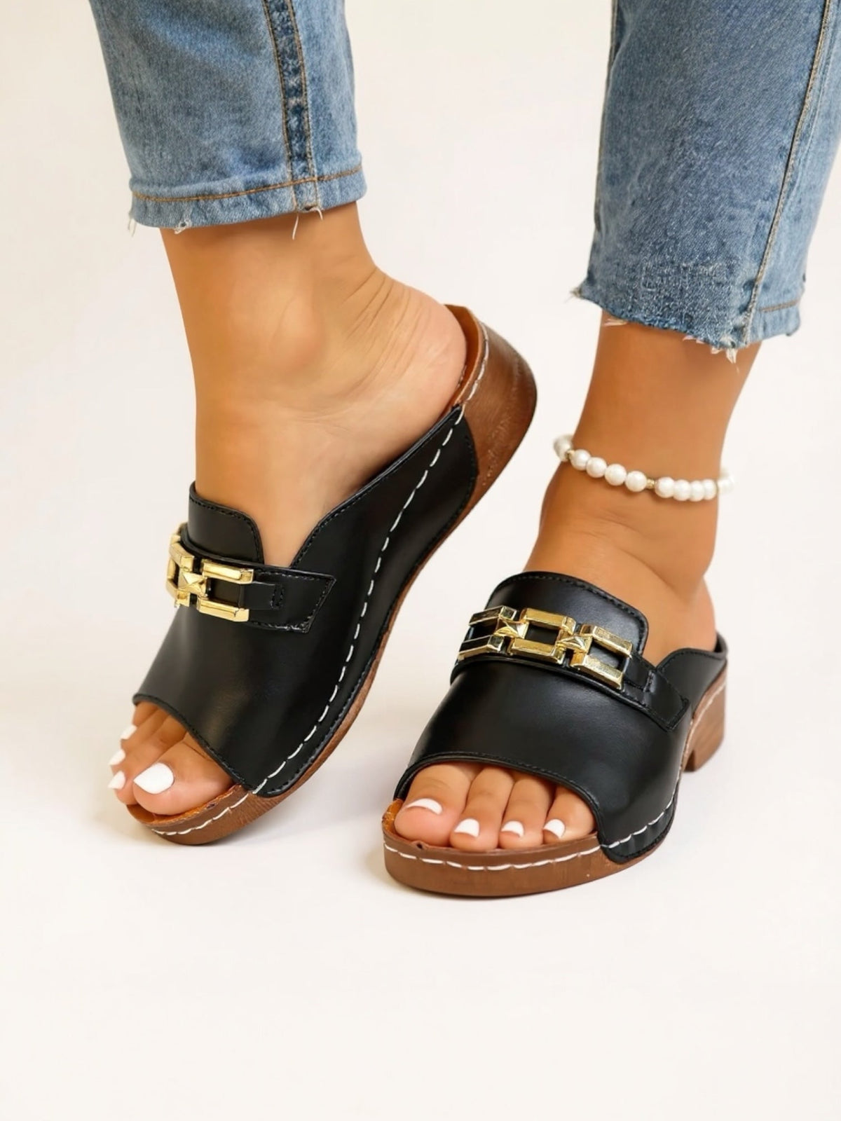Women's Open Toe Slide Sandals with Gold Detail