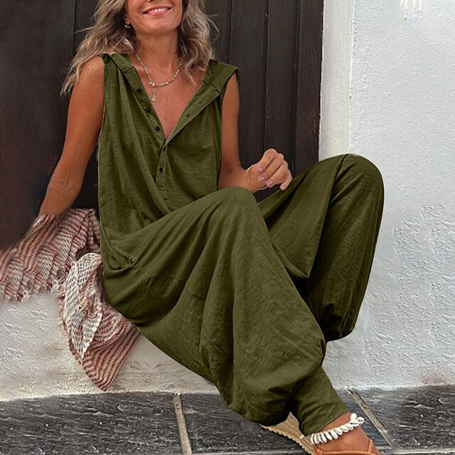 Women's Sleeveless Wide-Leg Jumpsuit with Buttons