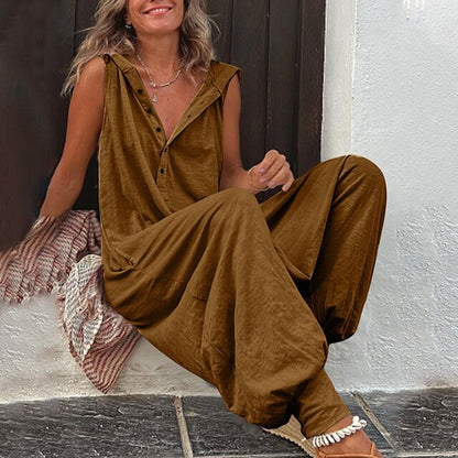 Women's Sleeveless Wide-Leg Jumpsuit with Buttons