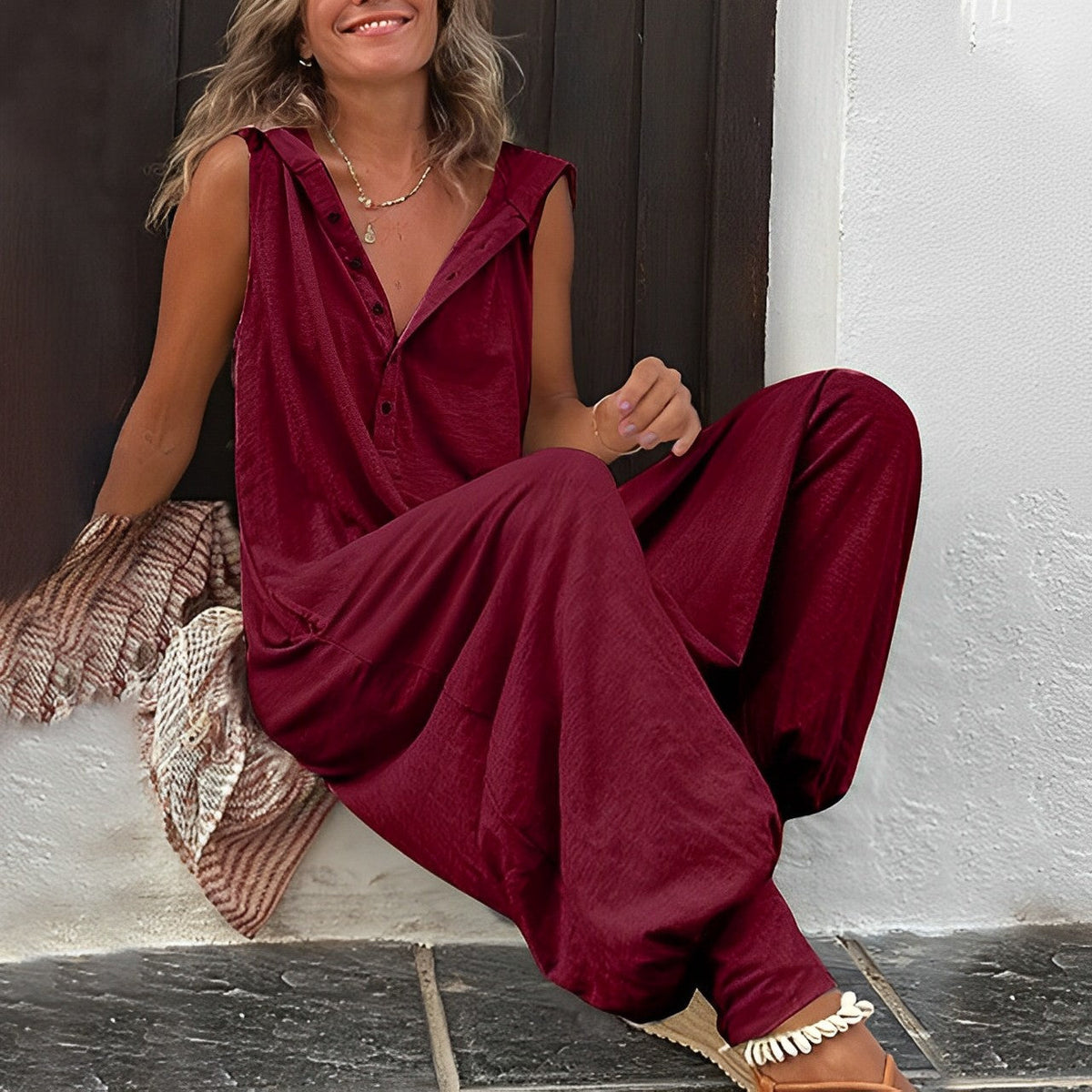 Women's Sleeveless Wide-Leg Jumpsuit with Buttons