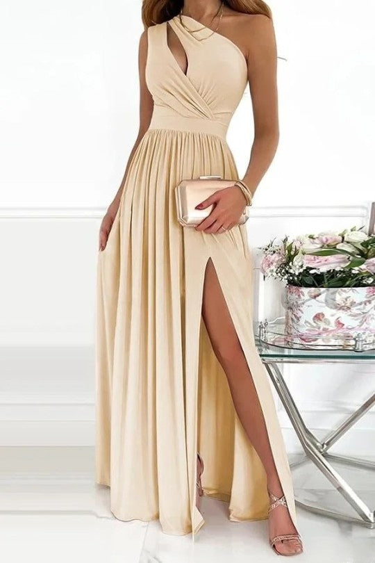 Women's One Shoulder Pleated Maxi Dress with Split
