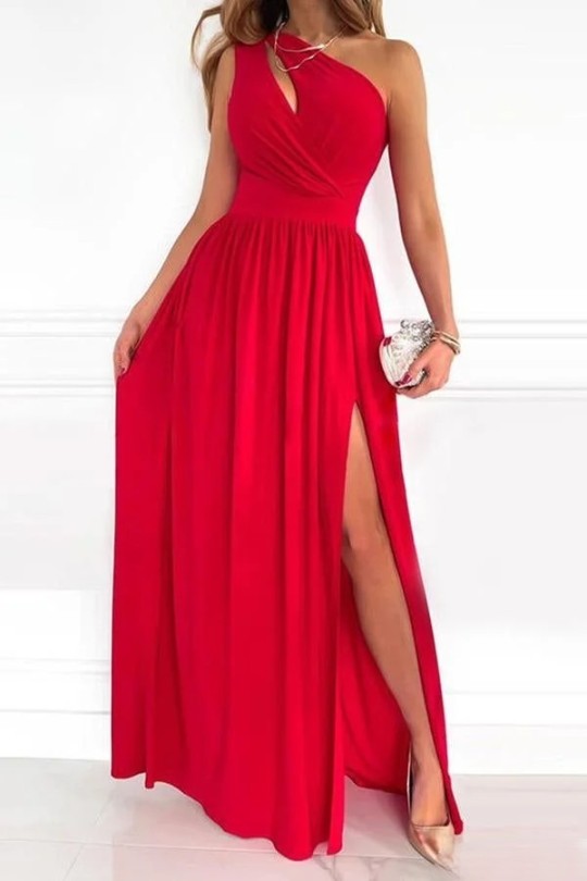 Women's One Shoulder Pleated Maxi Dress with Split