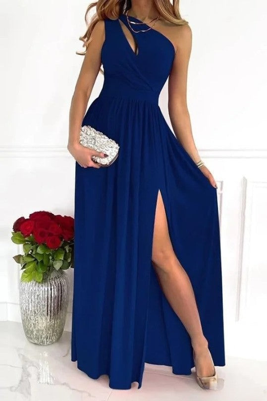 Women's One Shoulder Pleated Maxi Dress with Split