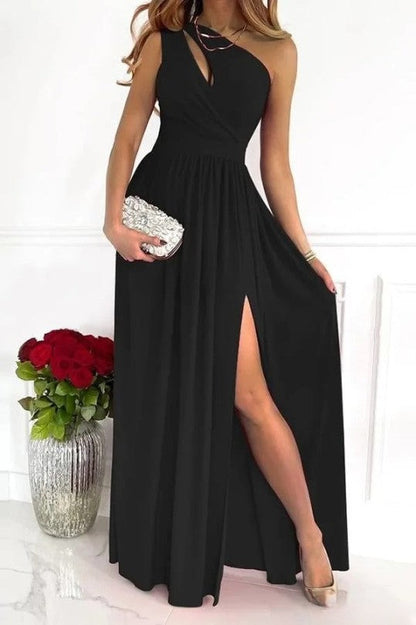 Women's One Shoulder Pleated Maxi Dress with Split