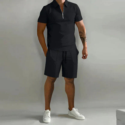 Men's Short Sleeve Zip Polo Shirt and Shorts Set