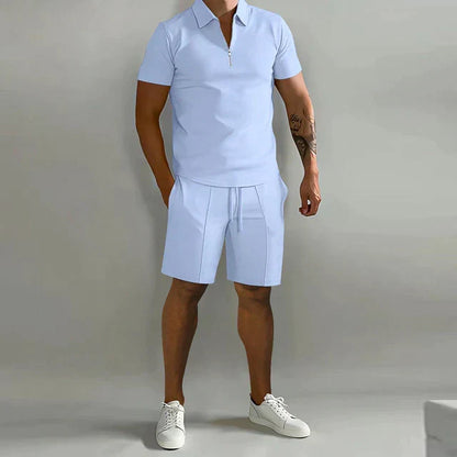 Men's Short Sleeve Zip Polo Shirt and Shorts Set