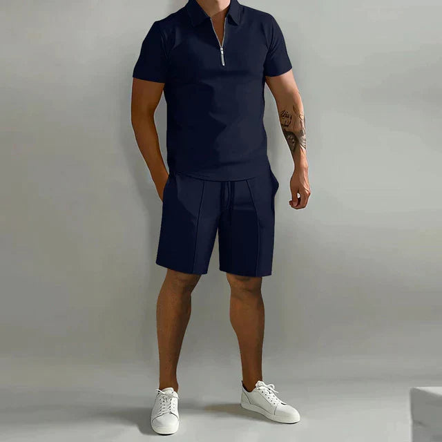 Men's Short Sleeve Zip Polo Shirt and Shorts Set