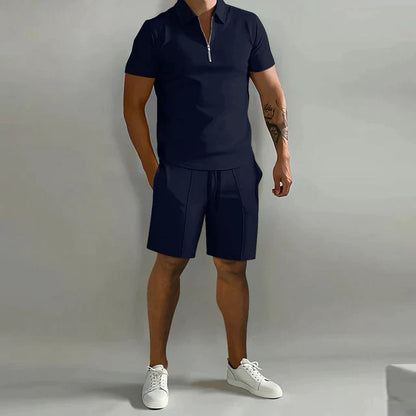 Men's Short Sleeve Zip Polo Shirt and Shorts Set
