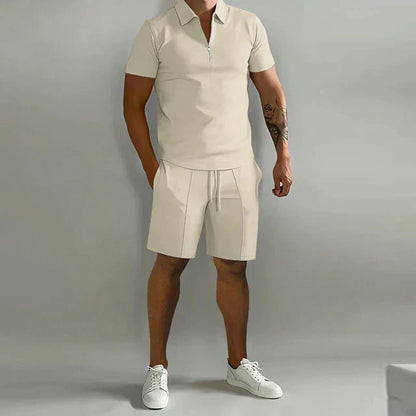 Men's Short Sleeve Zip Polo Shirt and Shorts Set