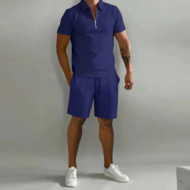 Men's Short Sleeve Zip Polo Shirt and Shorts Set