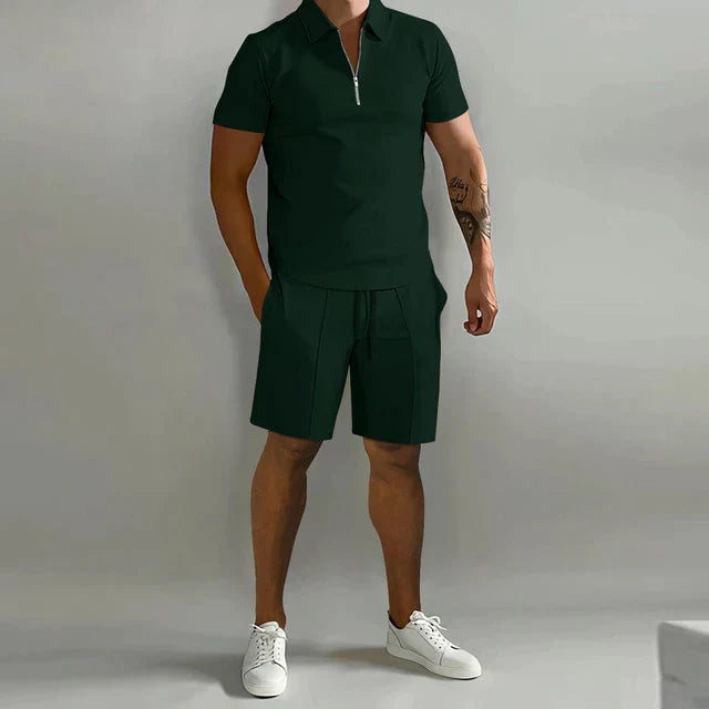 Men's Short Sleeve Zip Polo Shirt and Shorts Set