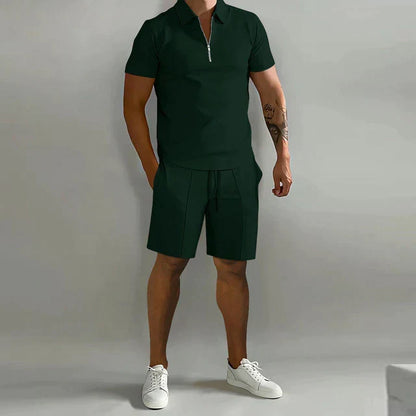Men's Short Sleeve Zip Polo Shirt and Shorts Set