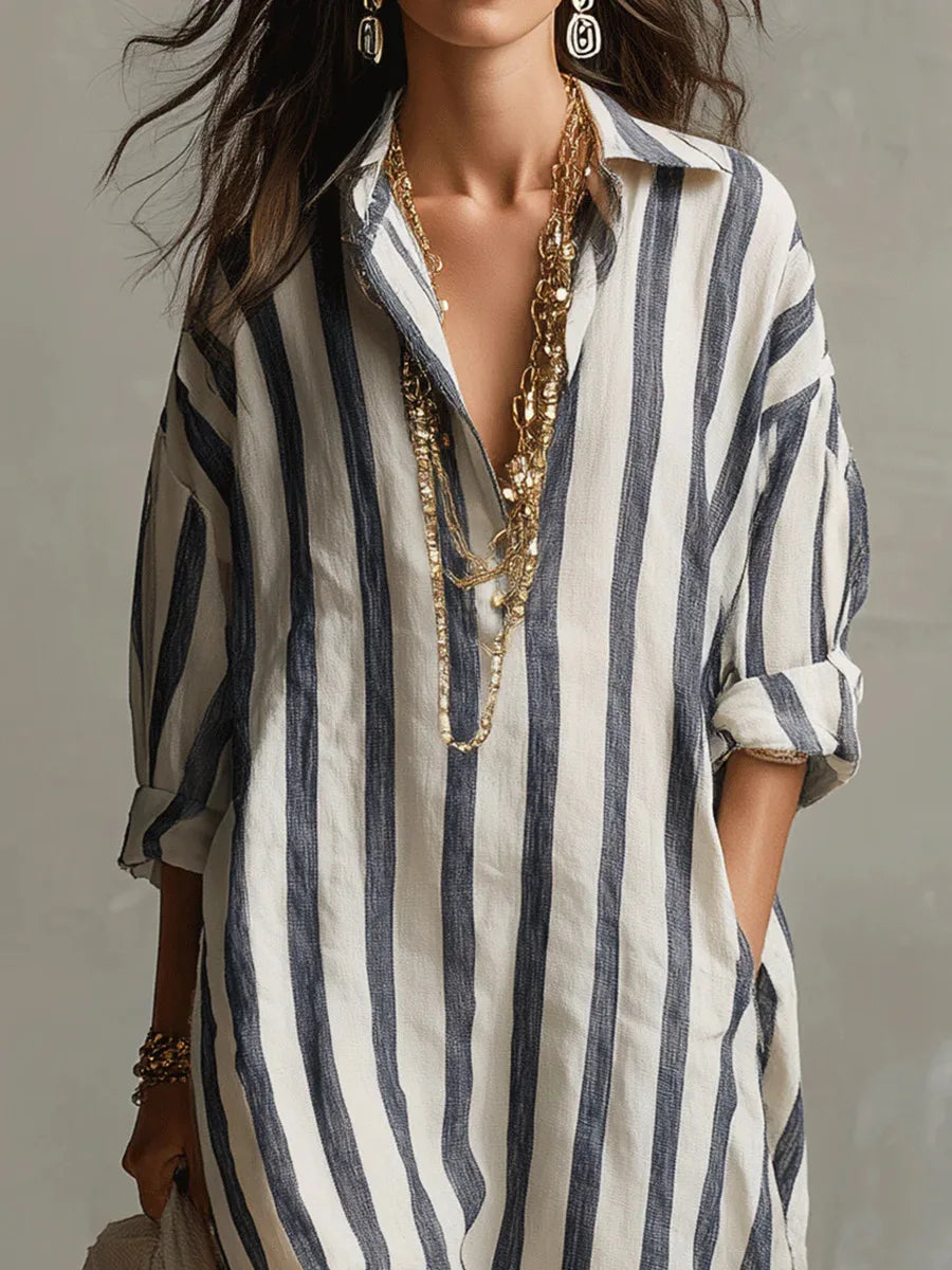 Women's Striped Maxi Shirt Dress with V Neck