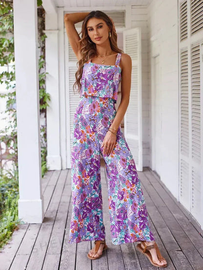 Women's Wide Leg Floral Jumpsuit with Open Back