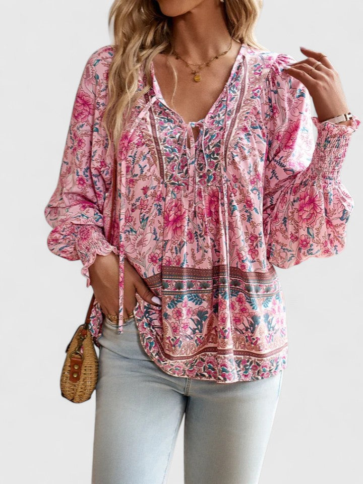 Women's Floral V-Neck Boho Blouse with Long Sleeves
