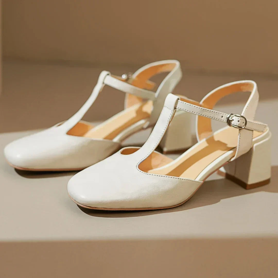 Women's Leather Mary Janes – T-Strap, Block Heel, Buckle Closure