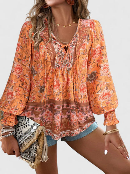 Women's Floral V-Neck Boho Blouse with Long Sleeves