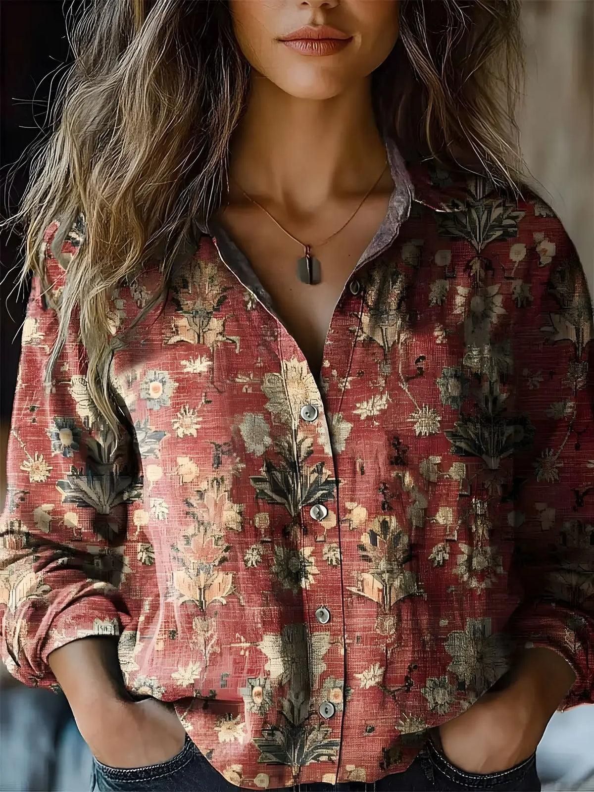 Women's Floral Print Long Sleeve Button-Up Shirt