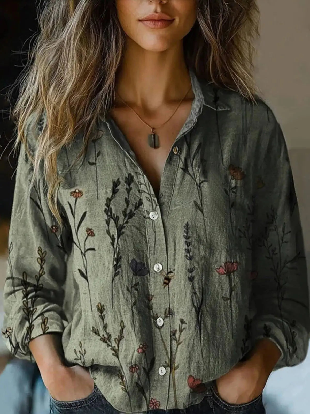 Women's Floral Print Long Sleeve Button-Up Shirt