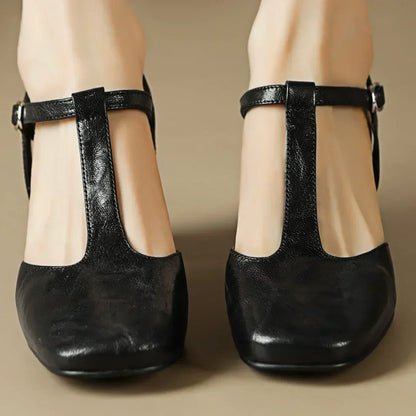 Women's Leather Mary Janes – T-Strap, Block Heel, Buckle Closure