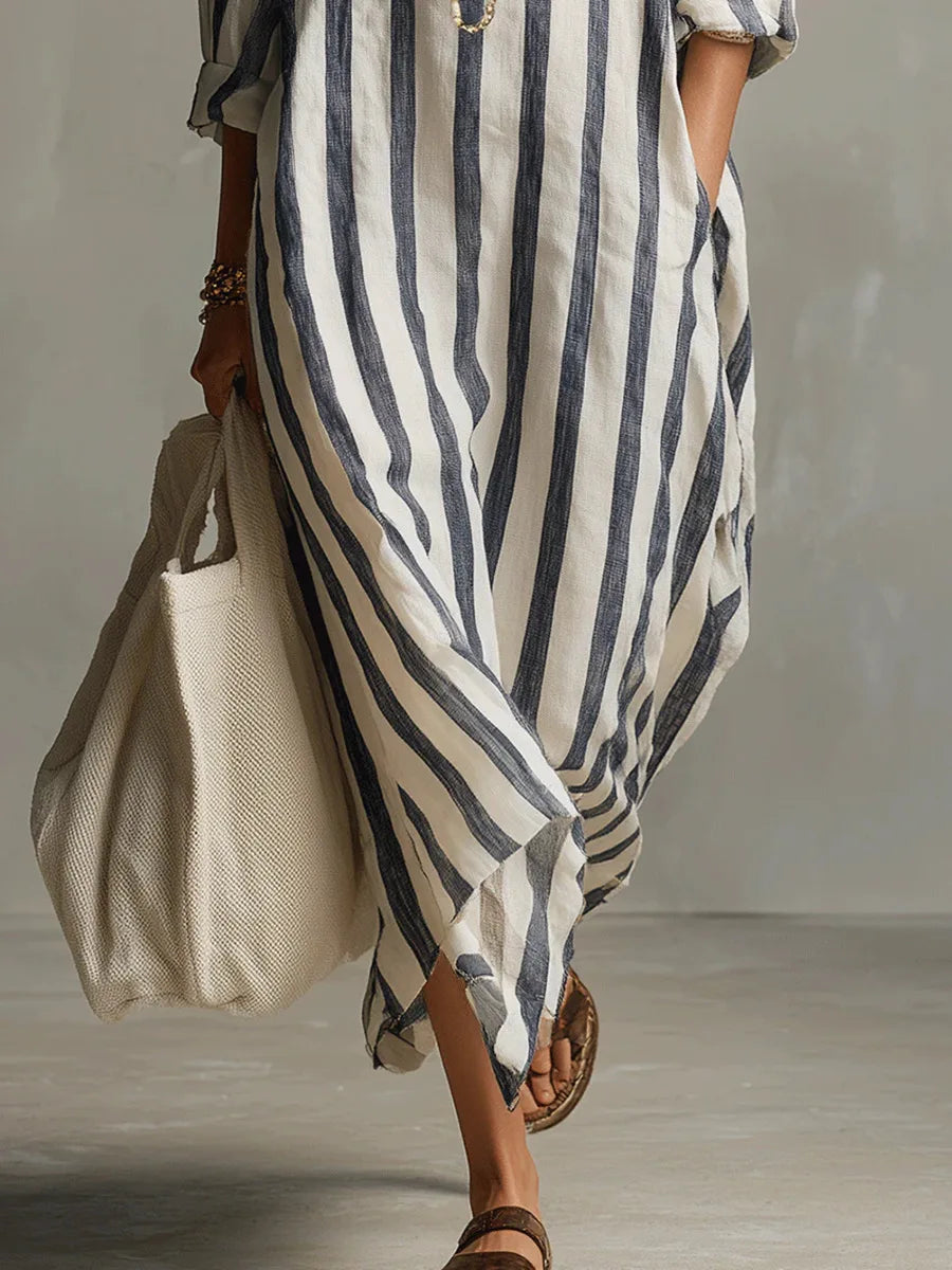 Women's Striped Maxi Shirt Dress with V Neck