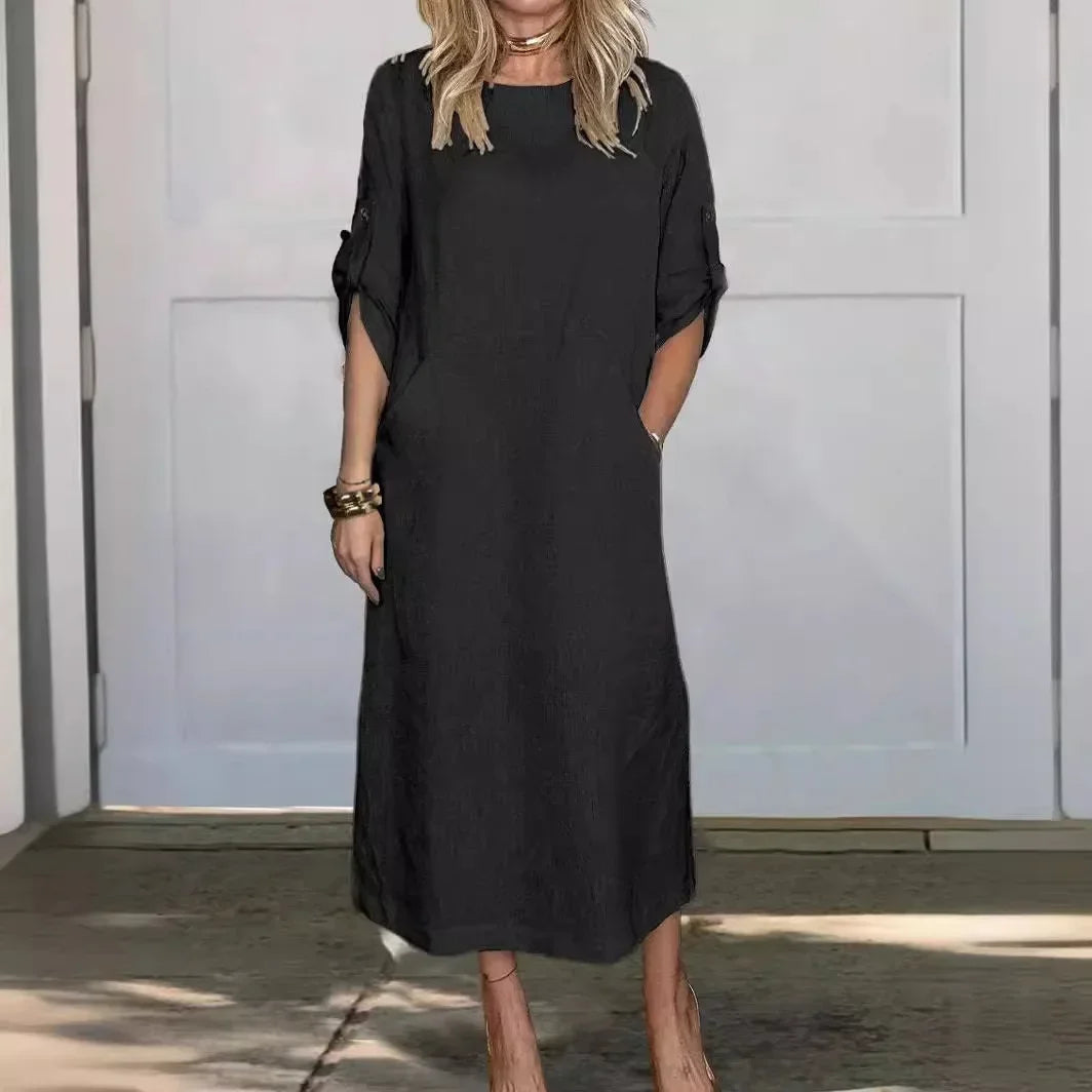 Women's Linen Midi Dress with Pockets and Roll-Tab Sleeves