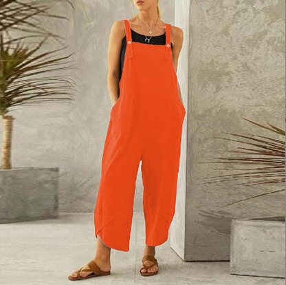 Women's Wide Leg Linen Jumpsuit with Button Straps