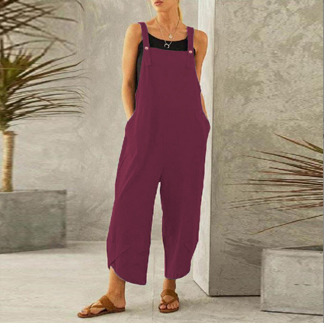 Women's Wide Leg Linen Jumpsuit with Button Straps