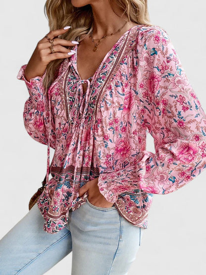 Women's Floral V-Neck Boho Blouse with Long Sleeves