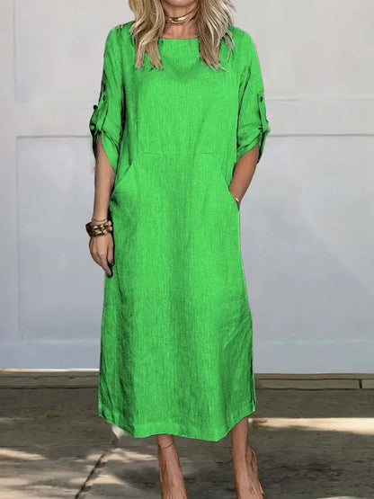 Women's Linen Midi Dress with Pockets and Roll-Tab Sleeves