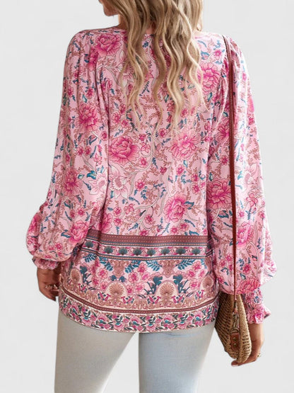 Women's Floral V-Neck Boho Blouse with Long Sleeves
