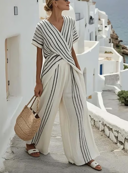 Women's Striped Linen Two-Piece Set with Wrap Front